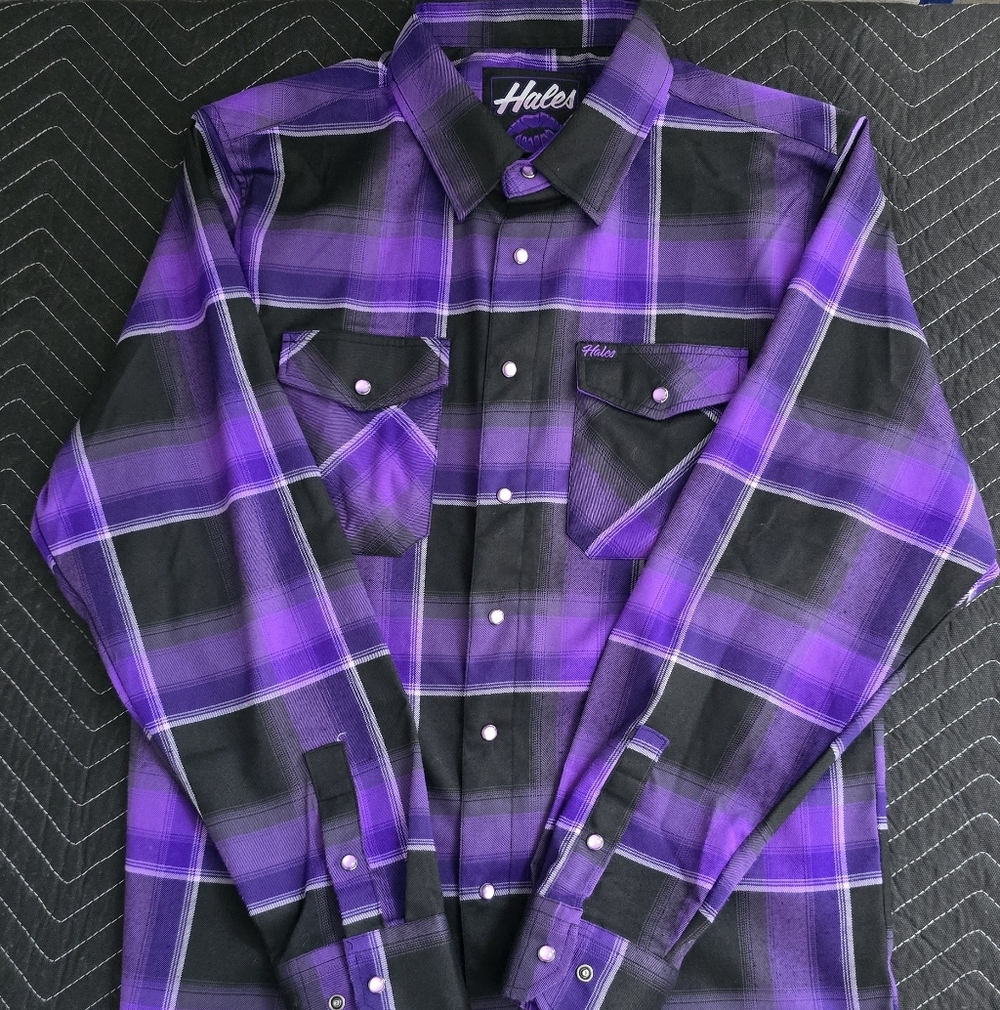 Midnight Kiss Vibrant Purple and Black Plaid Men's Casual Shirt Pearl Snaps